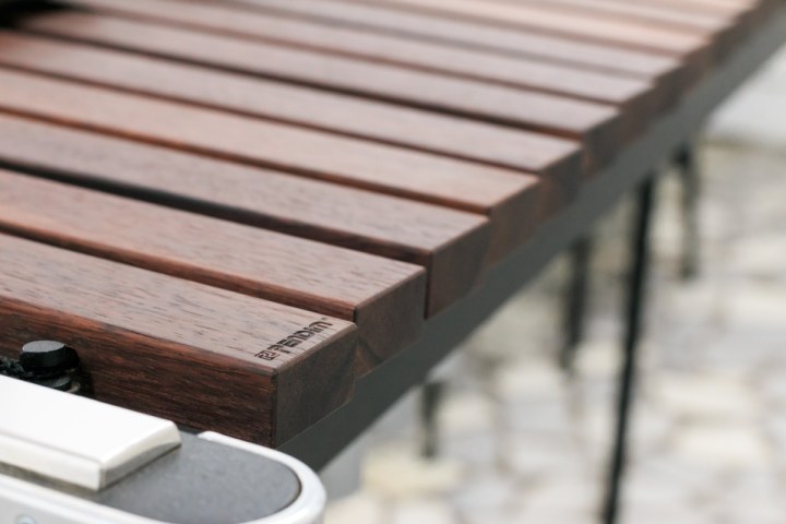 The rosewood bars of a Pendim xylophone, close up